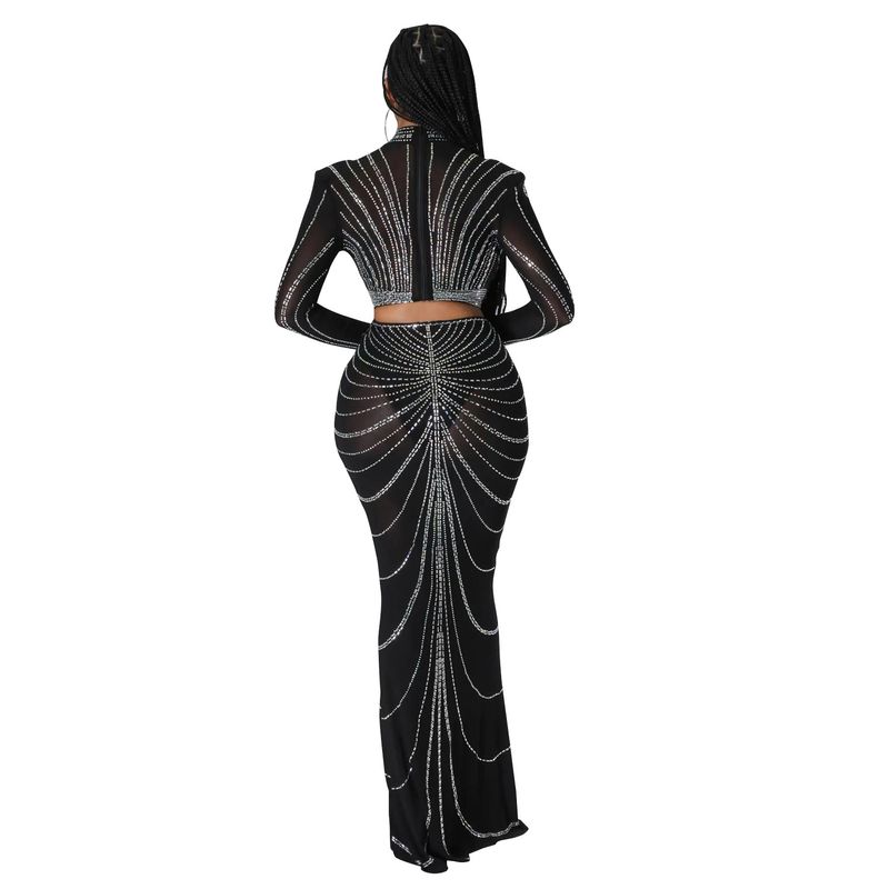 Abbigliamento da donna vestito con gonna a due pezzi sexy in maglia a maniche lunghe con diamanti caldi_voghion.com