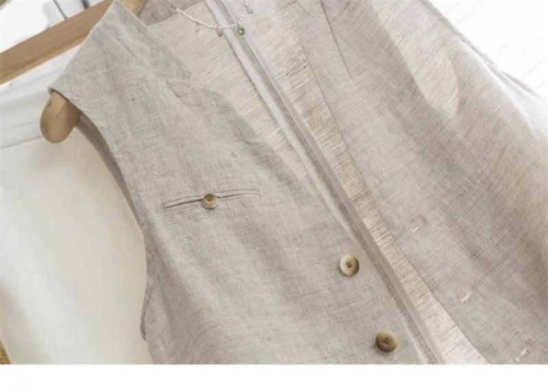 Veste blazer sans manches en lin à col en V, style britannique vintage artistique, pour femme, collection été 2024._voghion.com