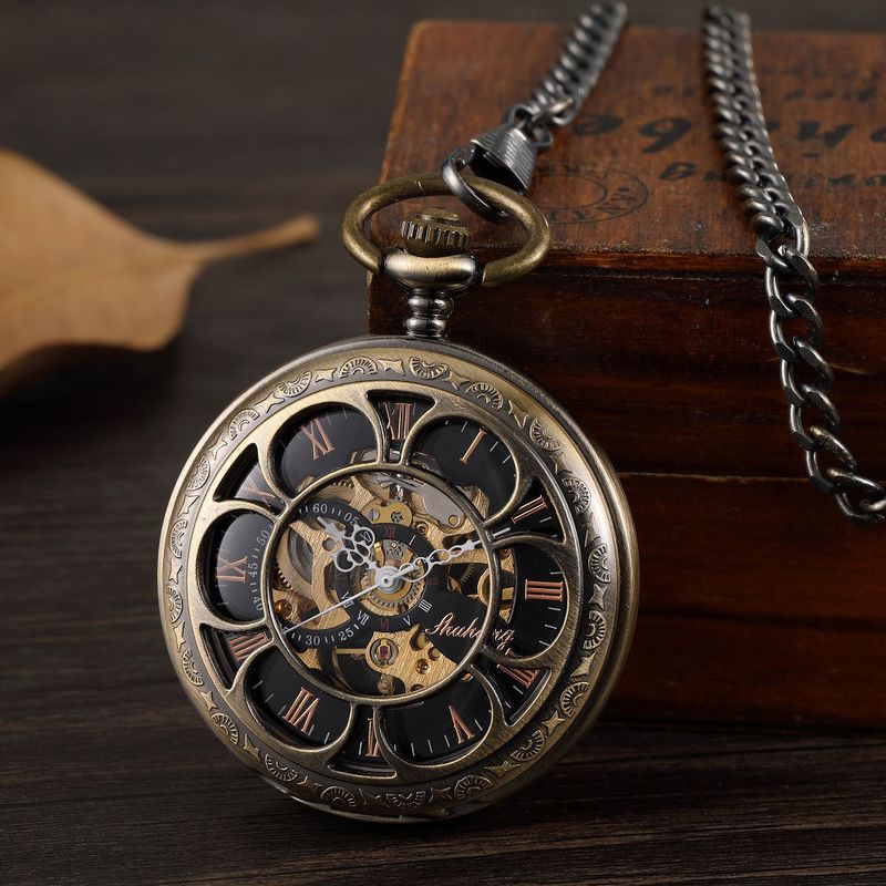 Mode Neue Flip Cover Hohl Blütenblatt Doppel Offene Automatische Mechanische Taschenuhr Mit Dicker Kette_voghion.com