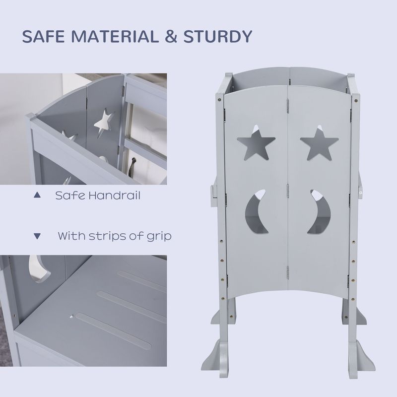 Wooden Kitchen Step Stool For Kids, Foldable Toddler Tower, Helper Stool For Kitchen Counter With Support Handles Safety Rail, Gray_voghion.com
