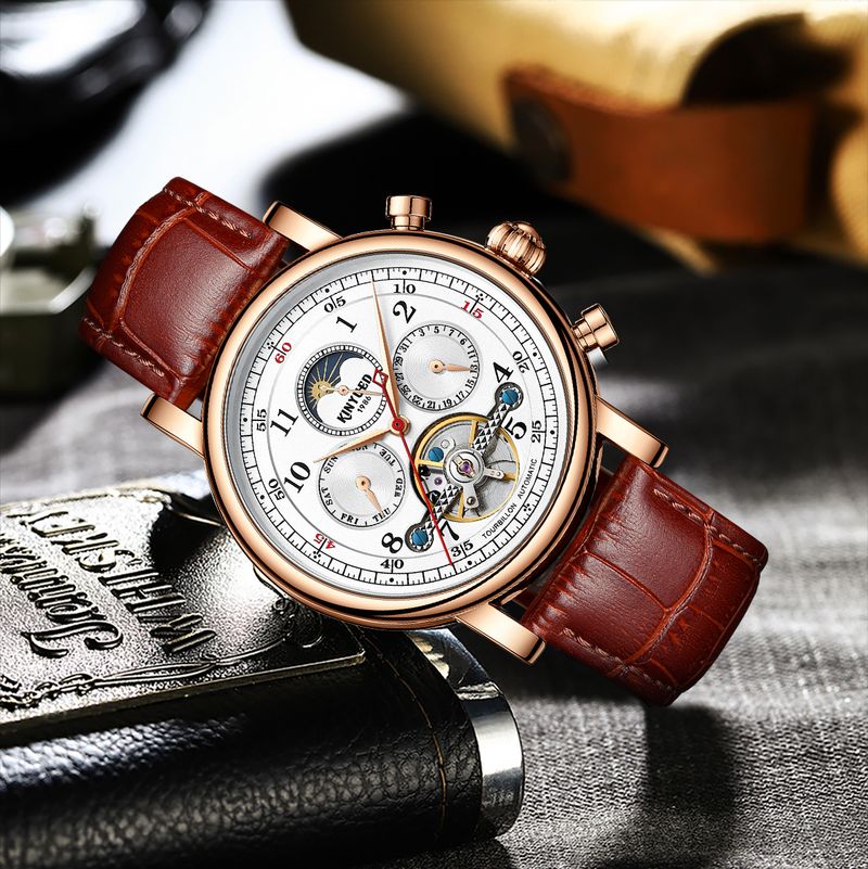 KINYUED Orologi da uomo di lusso, orologio meccanico automatico con fasi lunari, design cavo, cinturino in pelle, orologio da polso da uomo_voghion.com