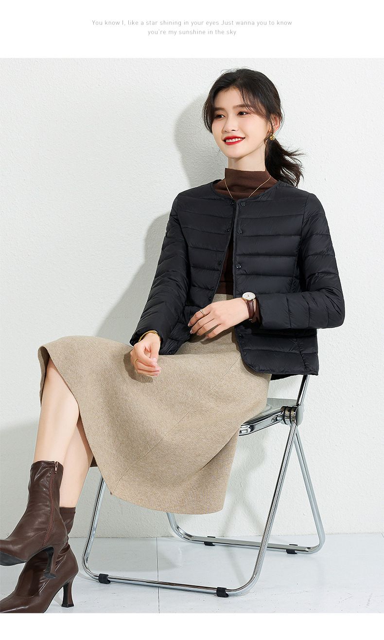 K Women's New Style Round Neck Cotton Padded Jacket, Slim Fit Base Layer, Solid Color Slimming Warm Short Lightweight Cotton Coat._voghion.com