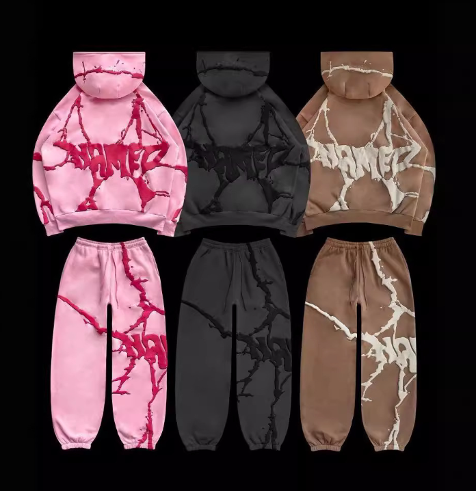 Men's Clothing Spot 2024 European And American Cross Border Autumn And Winter New Retro Foaming Printed Hooded Sweatshirt Thickened Loose Boys Suit_voghion.com