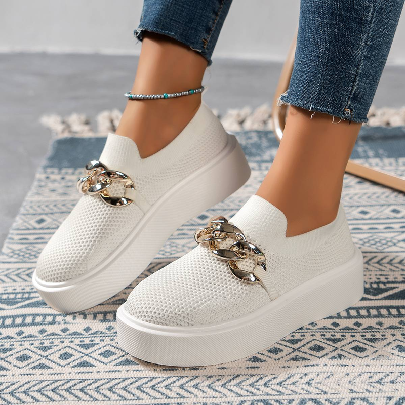 Damenschuhe mit Kettendekor, atmungsaktivem Mesh Air, runder Zehenbereich, flache Schuhe, Slip-On-Loafer für Mädchen, Damenschuhe_voghion.com