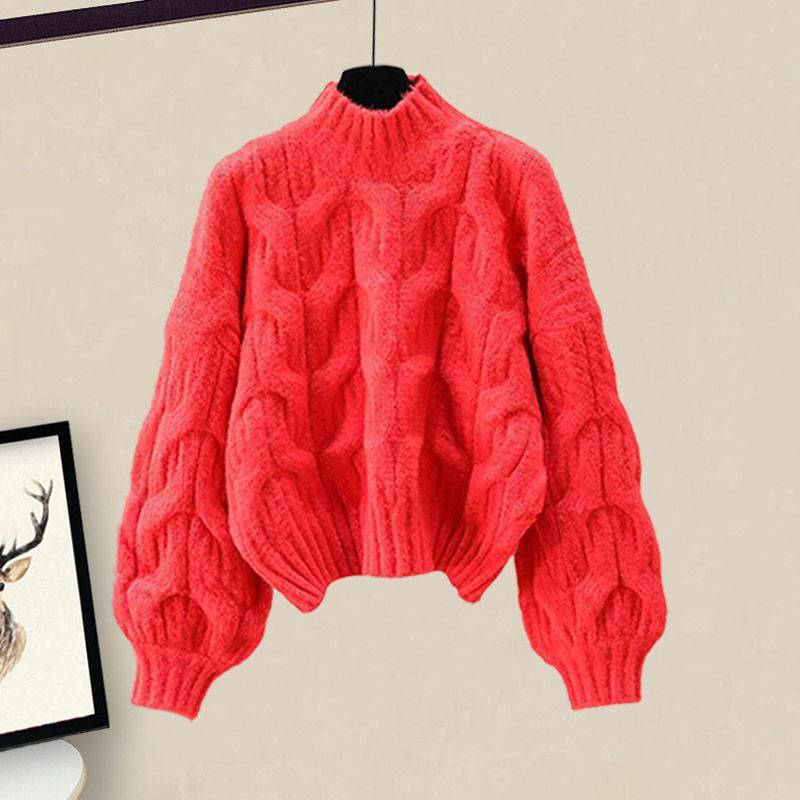 Completo da donna autunno inverno stile maglione spesso in maglia vestibilità comoda e gonna midi snellente in due pezzi_voghion.com