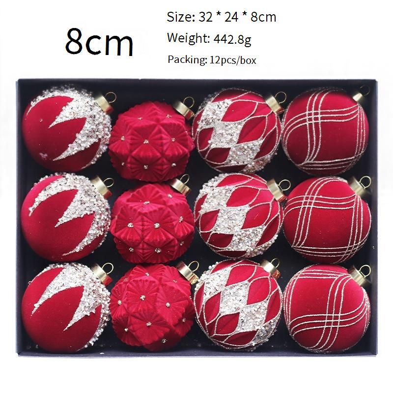 Christmas 8cm/12s Velvet Ball Ornaments Set With Rhinestones - Festive Tree Decorations In Deep Green Coffee Red (Plastic Semi-Handmade)_voghion.com