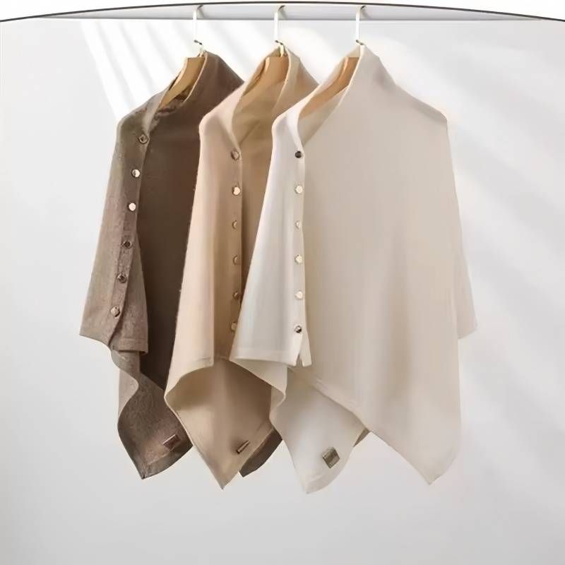 Elegant Solid Cape With Gold Buttons – Asymmetrical Winter Shawl (6 Neutral Colors, 100% Cotton Cashmere Blend, Office-to-Outfit Versatile Wrap)_voghion.com