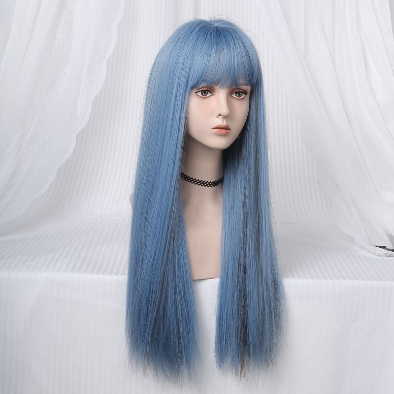 Parrucca sintetica lunga e dritta, azzurra con riflessi cenere, parrucca cosplay con frangia per donna, capelli naturali, fibra resistente al calore_voghion.com