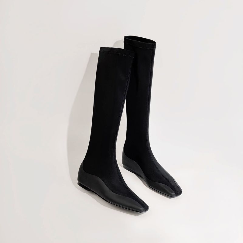 Stivali da donna con tacco nascosto, snellenti, elastici, punta quadrata, lavorati a maglia, casual, versatili, neri_voghion.com