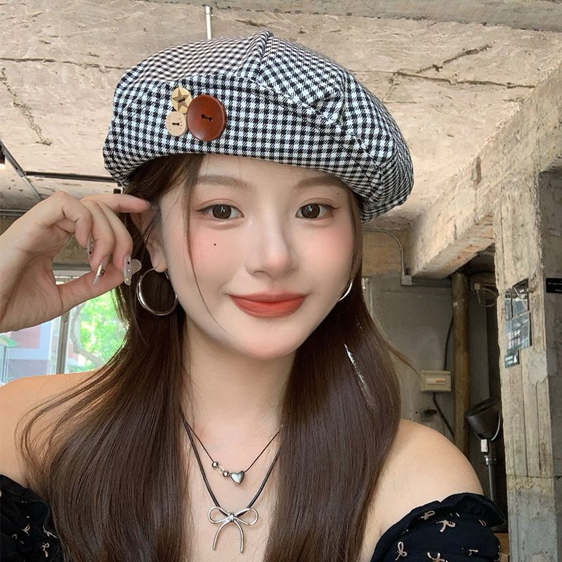 Handmade Button Checkered Women's Hat Checkered Beret_voghion.com