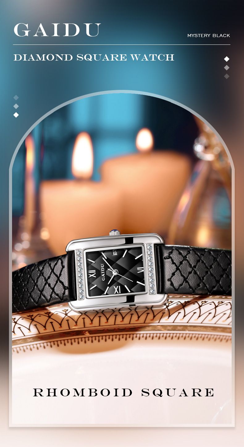 Relógio de quartzo quadrado elegante e retrô para mulheres - Relógio de pulso vintage minimalista com pulseira de couro e mostrador com padrão de diamante, relógio de nicho para deslocamento_voghion.com