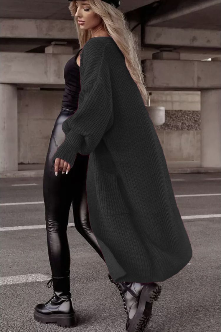 Women's Clothing Long Sleeve Batwing Pocket Cardigan Sweater - Oversized V-Neck Open Front Knit Coat In Soft Acrylic, Elegant Longline Design_voghion.com