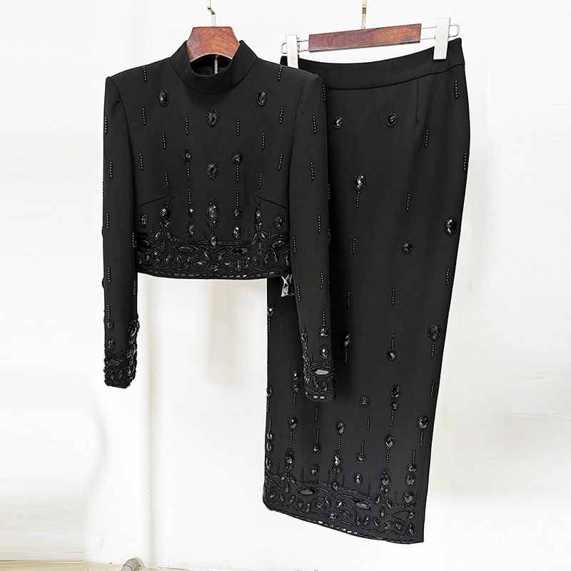 HIGH STREET Neuestes 2024 Designer Runway Anzug-Set für Damen, Stehkragen, Reißverschluss hinten, kurze Oberteile, langer Rock, 2-tlg._voghion.com