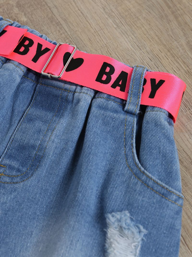 Kids 3-Piece Denim Dress Set With Belt & Striped Vest Top - Soft Cotton Blend Outfit For Girls 3-8 Years Trendy Casual Wear_voghion.com