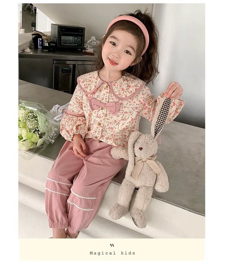 Ragazze e autunno 2023 nuova moda femminile bambino primavera collezione bambini floreale fiocco due pezzi set_voghion.com