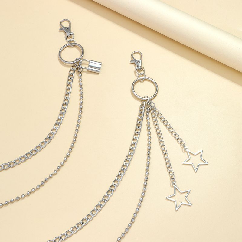 Fashionable Hip-hop Double-layer Pants Chain With Five Pointed Star Square Lock Pendant, Versatile Street Style, Unisex,_voghion.com