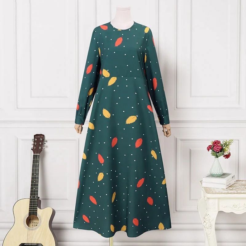 Muslim women's fashion casual dress with leaf dot print, spring and summer long sleeved bohemian large swing skirt_voghion.com