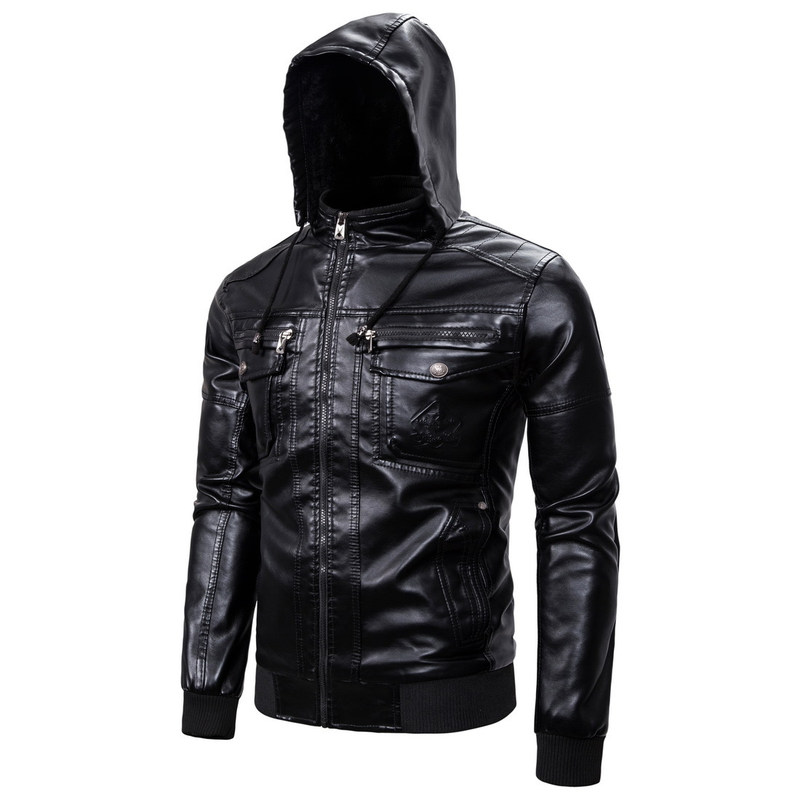 Men's Warm Winter Motorcycle With Hooded Zipper Loose PU Leather Windproof Jacket_voghion.com