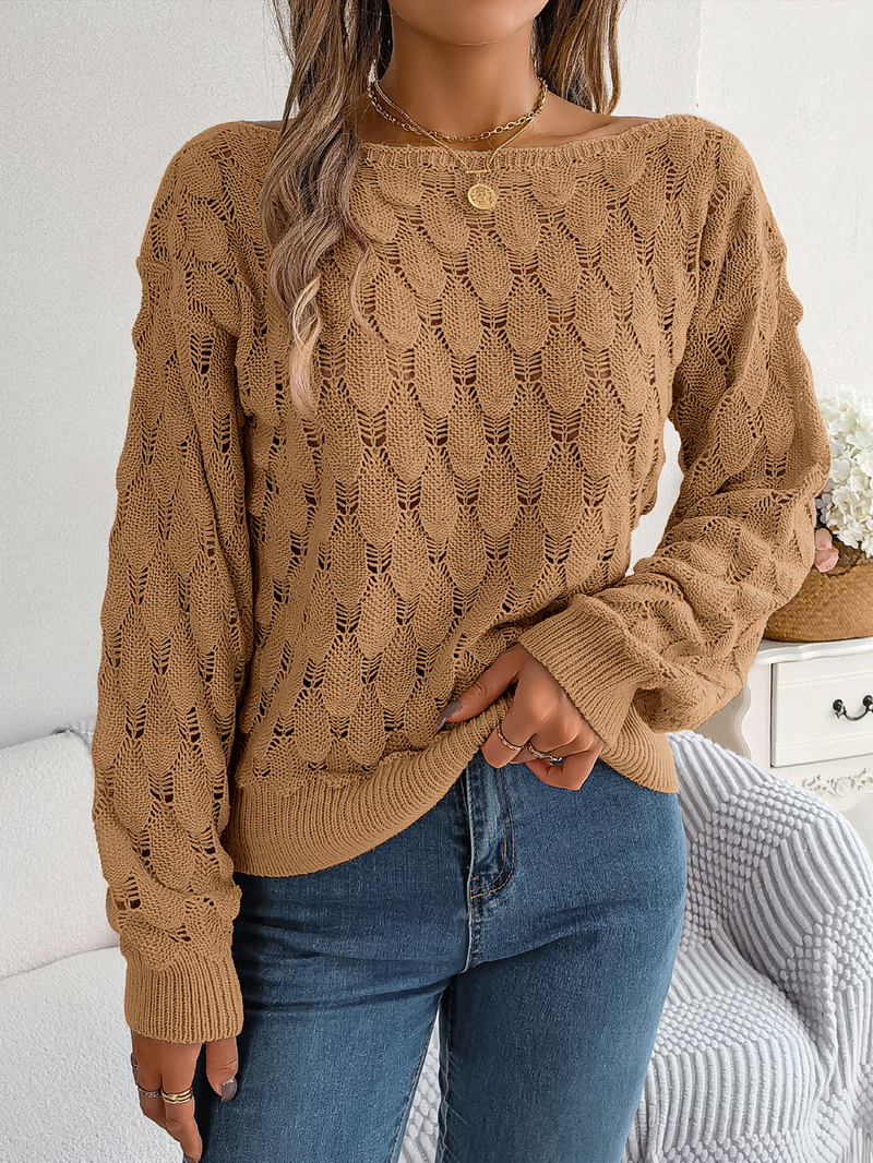 Dames verenpatroon uitgeholde gebreide trui met lange mouwen, ronde hals, off-shoulder, gehaakte trui, trui-tops_voghion.com