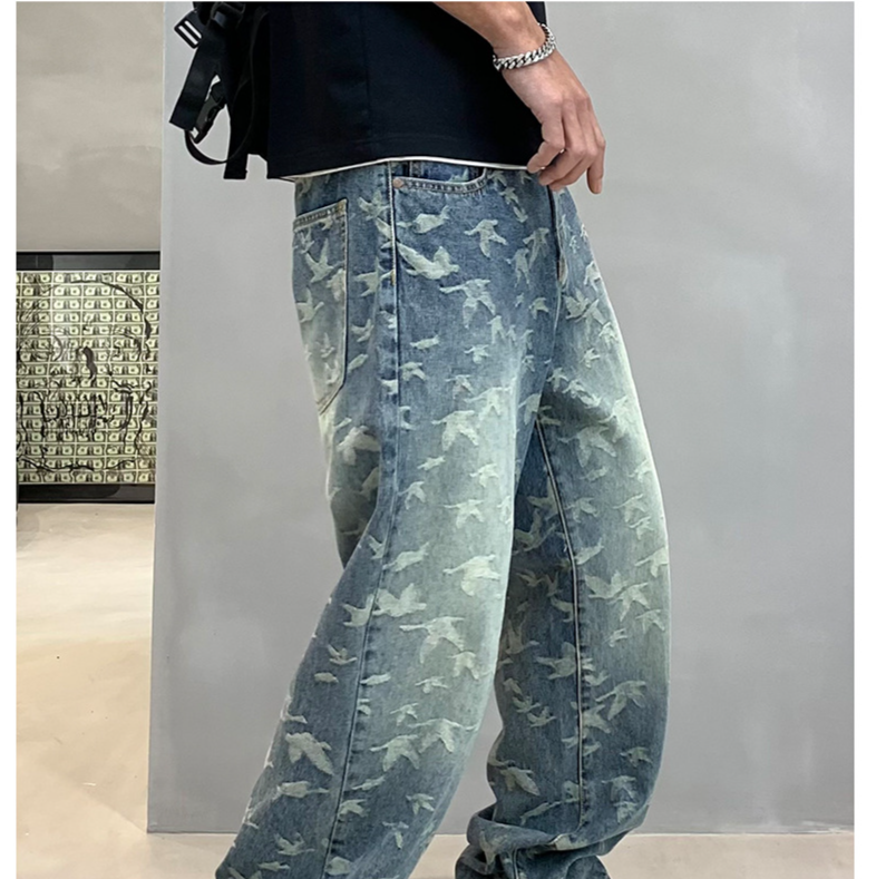 Moške hlače iz žakardovega denim kroja, ravne, z vezenim, ohlapnim vzorcem, modne modre kavbojke za brisanje_voghion.com
