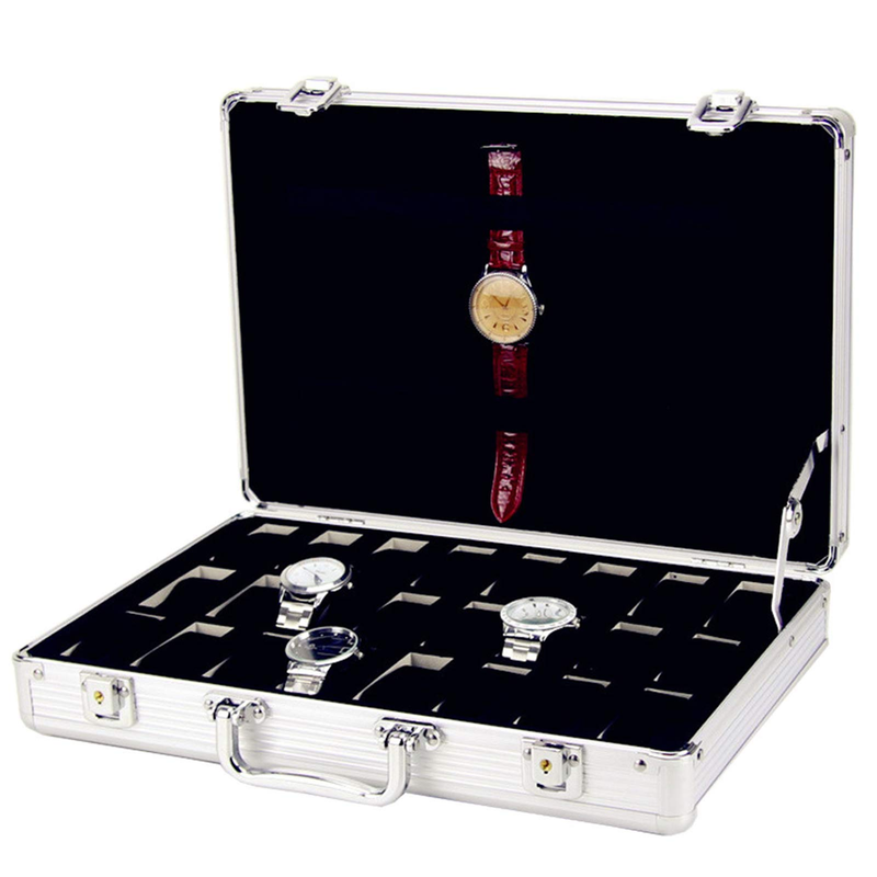 Caja de aluminio para relojes con 24 compartimentos, organizador con cerradura, expositor, maletín, soporte para relojes, almohadas portátiles para relojes._voghion.com