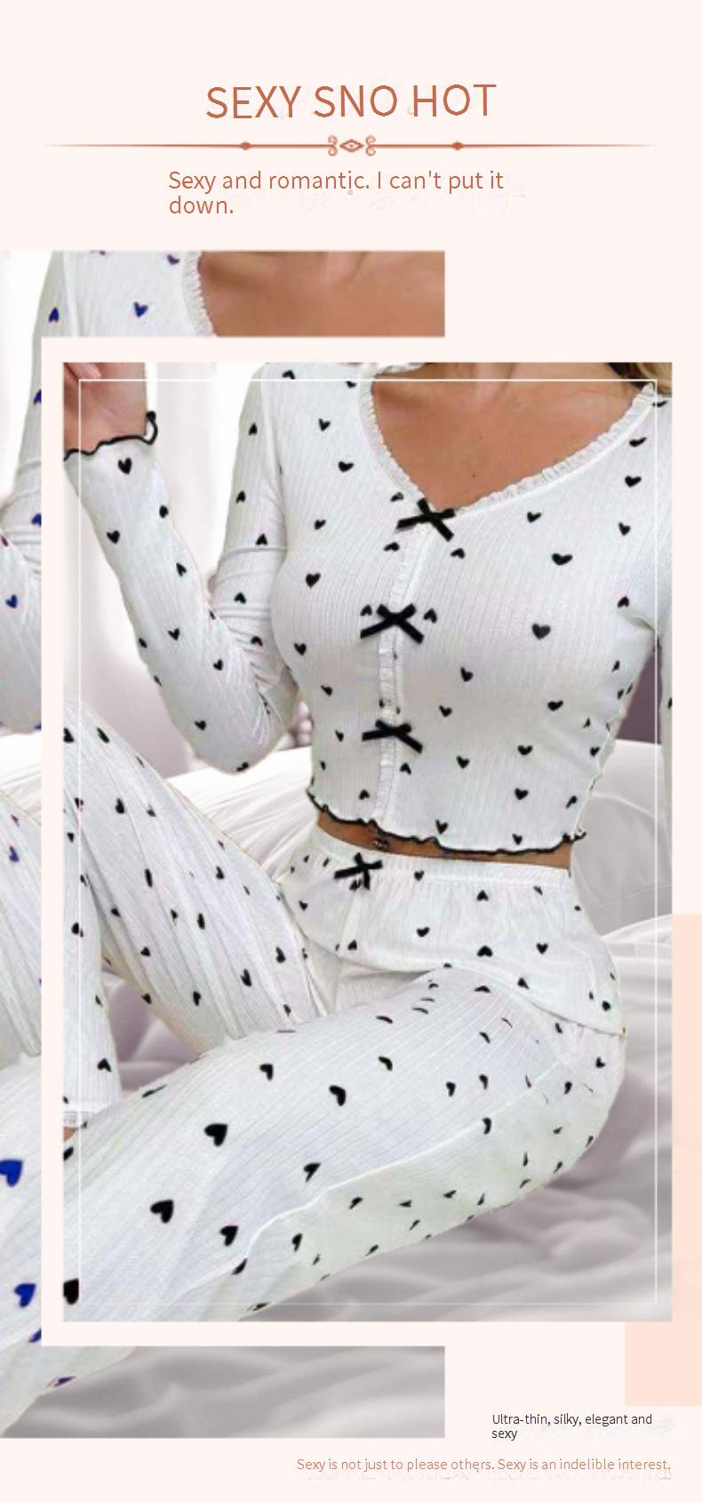 Pijamale pentru femei, cu mânecă lungă, cu decolteu în V și motive inimă ondulată, care pot fi purtate ca îmbrăcăminte exterioară, pantaloni din două piese_voghion.com