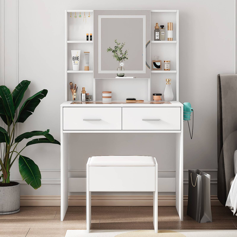 Frisiertisch-Set mit 2 Schubladen und 4 Regalen, LED, dreifarbig, dimmbar, Touch-Spiegel, Steckdose, Frisiertisch, Haartrockner-Basis, Glastisch, Schminktisch_voghion.com