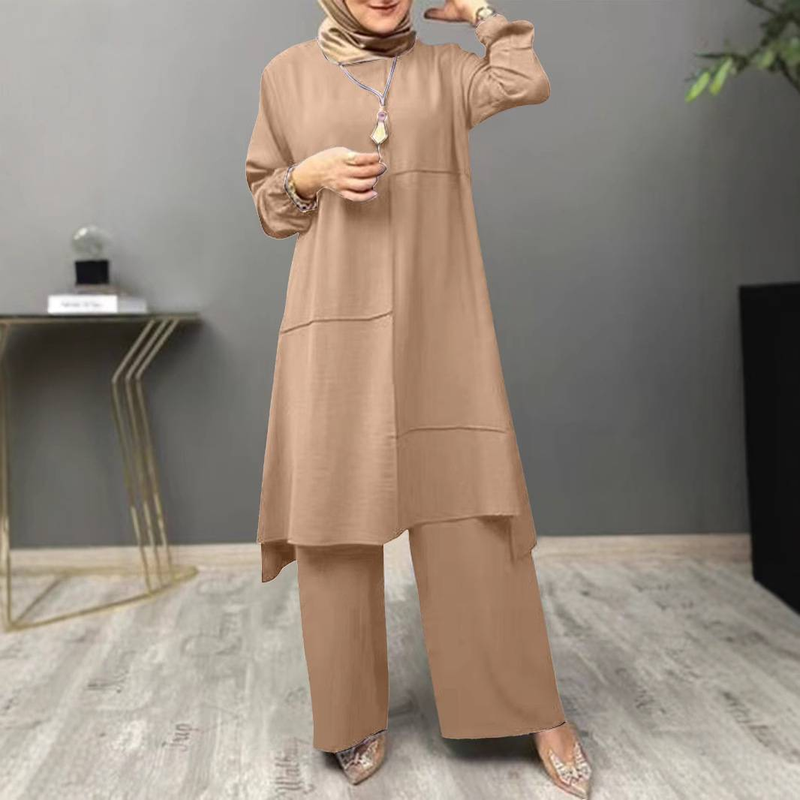 Elegantes muslimisches Zweiteiler-Set mit langärmliger Bluse und weiten Hosen – schlichte Mode für Damen (Khaki, Oliv, Marineblau, Wassermelone)_voghion.com