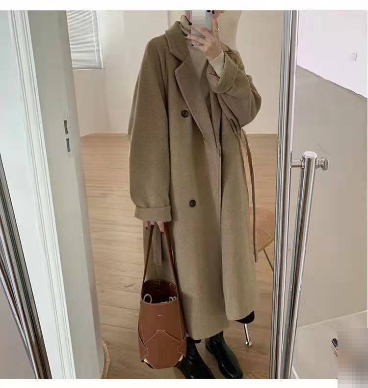 Damen Mantel aus Wollmischung, lang, übergroßer Trenchcoat mit Doppelreiher für Herbst und Winter, lässig, elegant in Haferflocken, Schwarz, Mokka, Rot, Grau_voghion.com