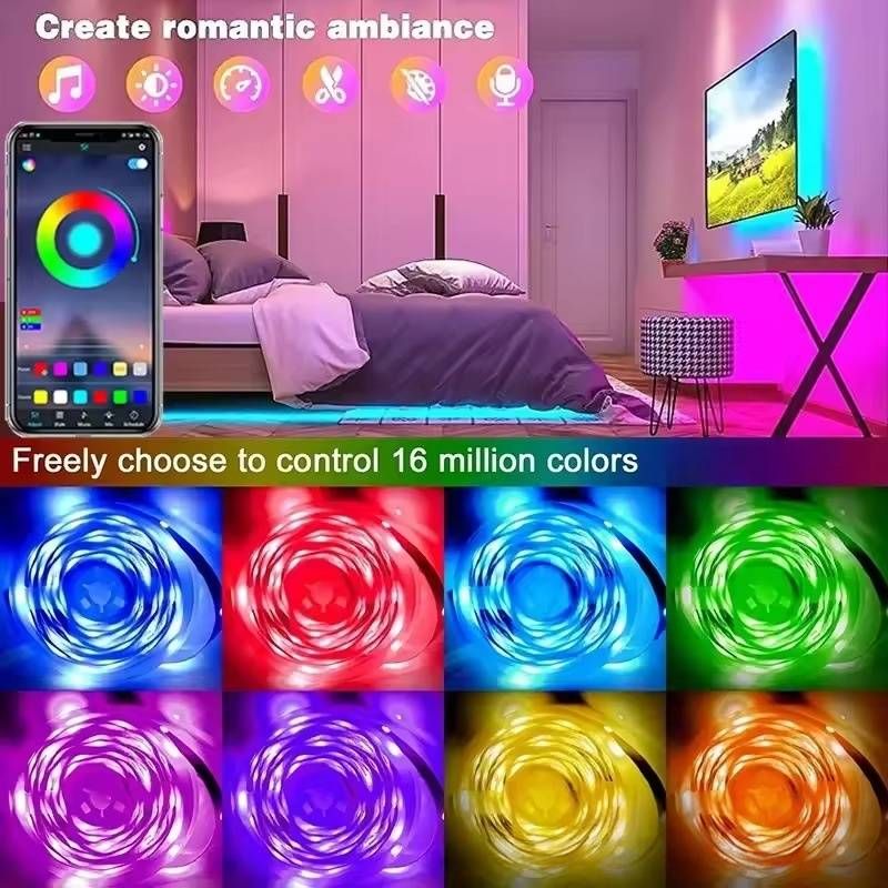 Bande lumineuse LED RVB intelligente 5 V avec contrôle Bluetooth et application, 16 LED/m, télécommande 44 touches, commande vocale, synchronisation musicale pour une ambiance intérieure, certifiée CE._voghion.com