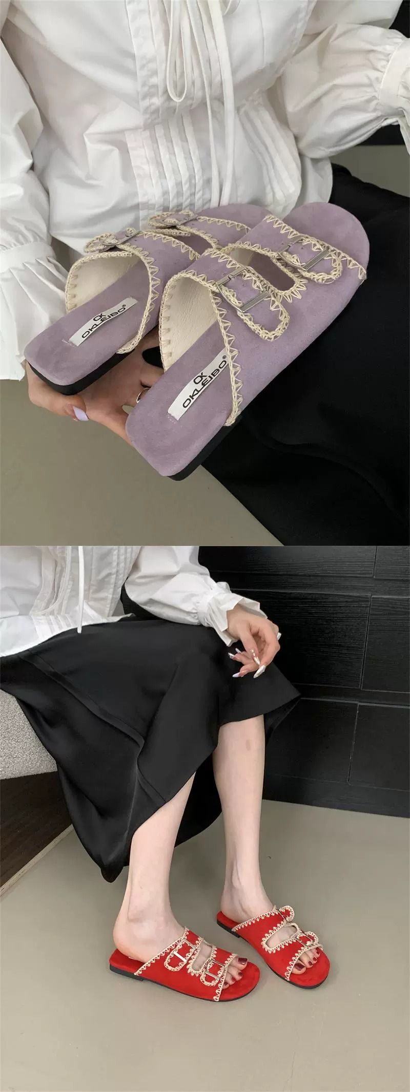 Lancui Koreanischen Stil Zweireihige Ein-Riemen Flache Sandalen Für Frauen 2025 Neue Sommer Bestickte Halb Hausschuhe_voghion.com