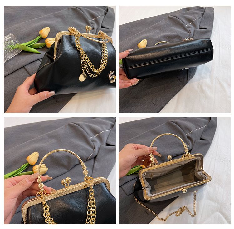 Damen 2023 neue goldene Mundtasche, trendige Modekette, One-Shoulder-Handtasche, Abendessentasche_voghion.com