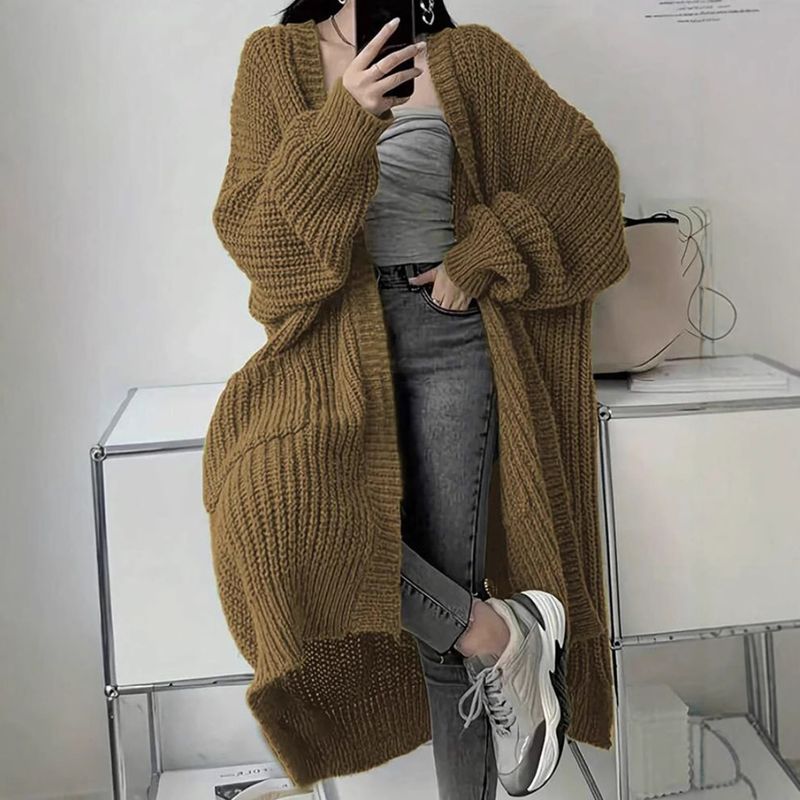 Oversized Longline Knit Cardigan For Women – Cozy Open-Front Sweater Coat With Extra Length, Thick Acrylic Blend For Autumn & Winter_voghion.com