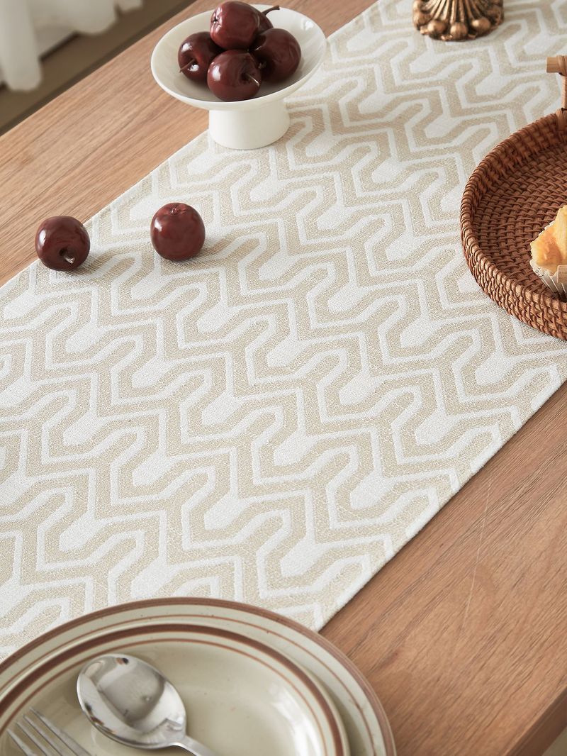 Couchtisch Kontrastmuster Garngefärbter Tischläufer Beige Wellenquaste Gewebte Tischdecke_voghion.com
