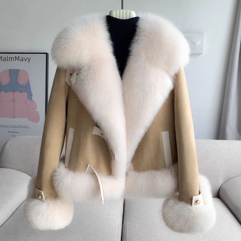 Women’s Faux Fox Fur Short Coat – Trendy Winter Jacket With 3D Embroidery, V-Neck & Plush Collar (M-XL, Beige/Green/Khaki/Pink)_voghion.com