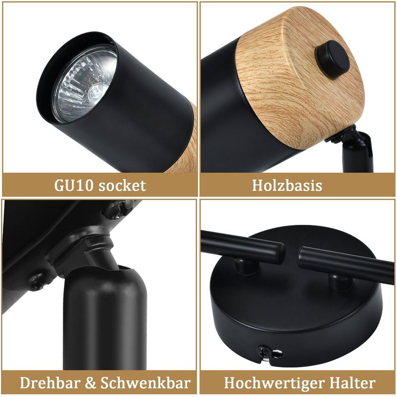 Glitzerlife Deckenstrahler Holz Schwarz Deckenleuchte - Deckenlampe 4 Flammig GU10 LED Schwenkbar 330° Spotleuchte Für Wohnzimmer Schlafzimmer Küche Kinderzimmer_voghion.com
