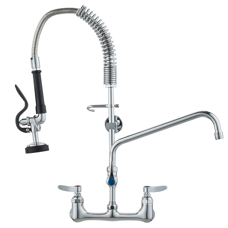 VEVOR Commercial Faucet With Pre-Rinse Sprayer, 25" Height, 8" Center, 12" Swing Spout, Wall Mount Kitchen Sink Faucet, Brass Constructed Device With Pull Down Spray, For 1/2/3 Compartment Sink_voghion.com