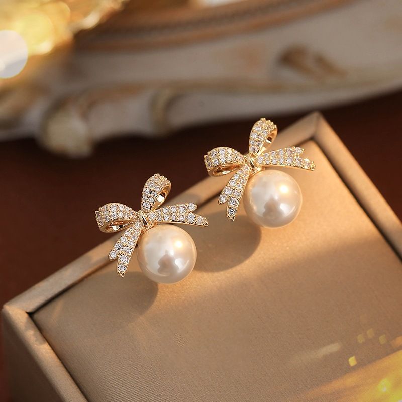 Orecchini giapponesi e coreani squisiti con fiocco di perle e diamanti, semplici e versatili, alla moda, piccoli, per donna._voghion.com