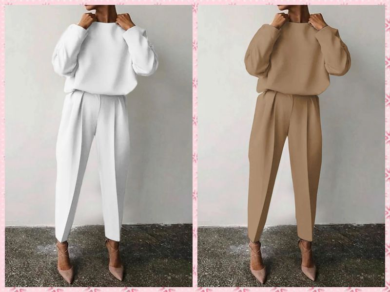 Conjunto casual de dos piezas de manga larga de color sólido suelto para mujer_voghion.com