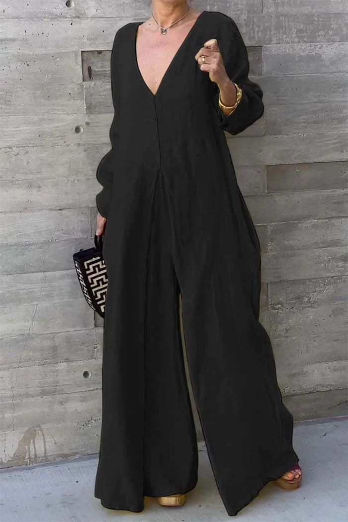 Dameskleding Zomer Katoenen en linnen jumpsuit Damesmode Effen kleur V-hals jumpsuit met knoopjes Mid-taille jumpsuit met wijde pijpen_voghion.com