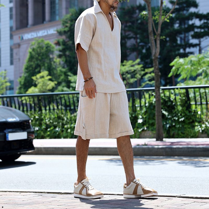 Herrenbekleidung Frühling und Sommer Poloshirt V-Ausschnitt Einfarbig Lässiger Zweiteiliger Anzug_voghion.com