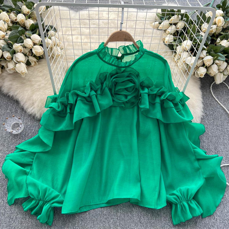 Women's Clothing Designed irregular ruffled mesh shirt for women in spring and autumn pullover pleated niche slim and chic top trendy_voghion.com