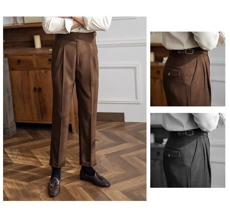 Herrenbekleidung Lässige Anzughose mit hoher Taille Herren Herbst Paris Schnalle Business Drape Gerade Hose Naples Retro Drape Anzughose_voghion.com