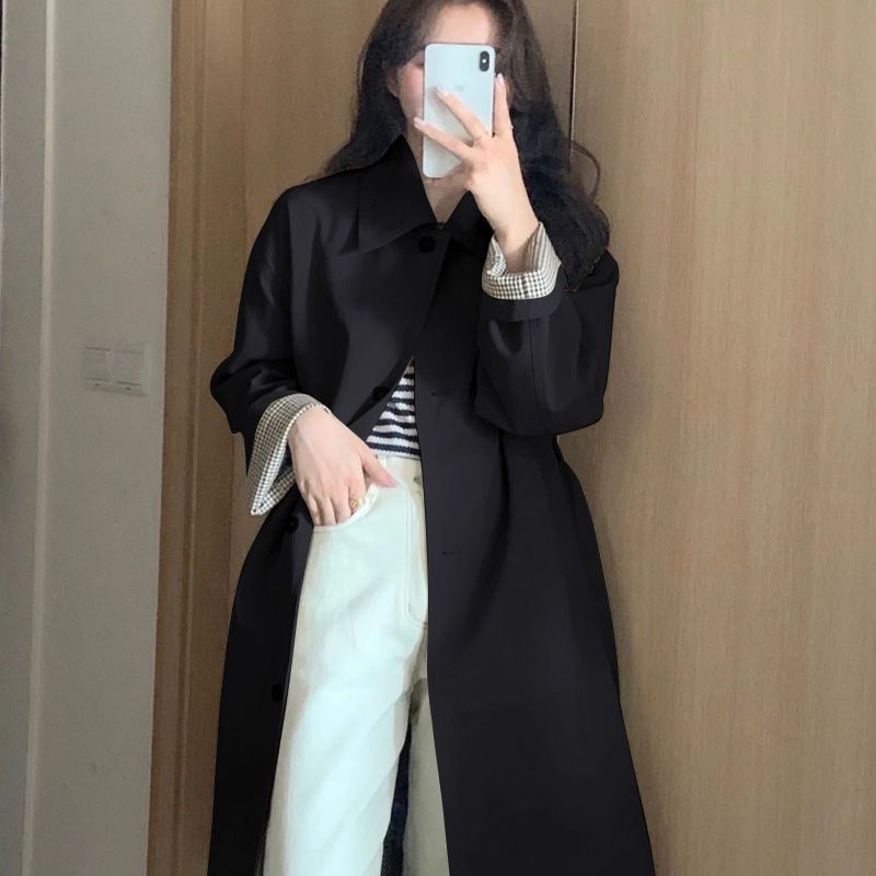 Trench classico color cachi da donna - Cappotto antivento autunnale di media lunghezza con colletto polo, misto poliestere, elegante abbigliamento da ufficio_voghion.com
