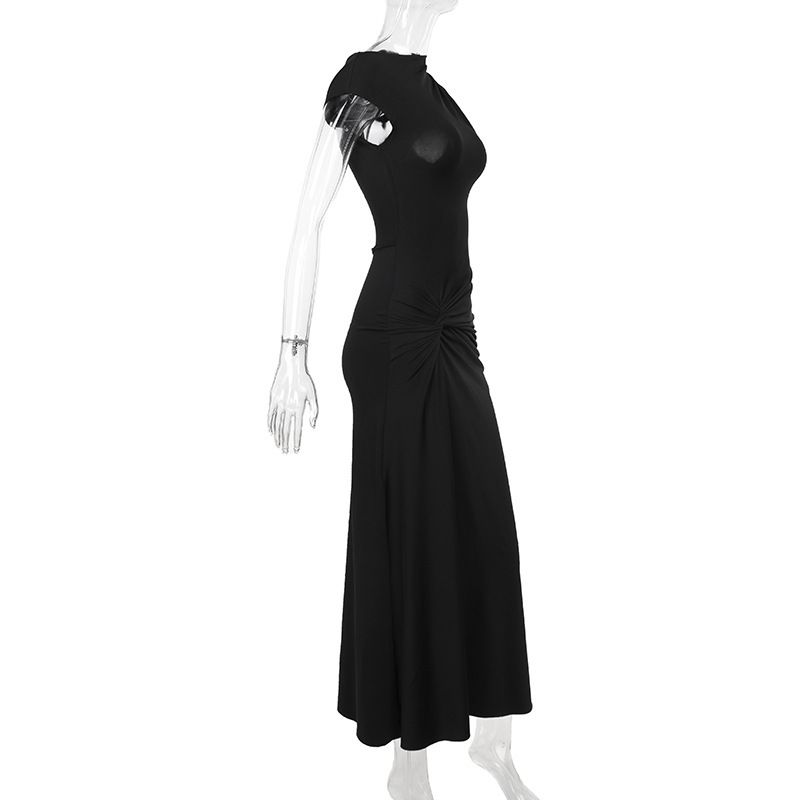 XY24158 Été 2024 Nouvelle robe longue coupe slim avec taille cintrée sexy, manches courtes torsadées et fendues_voghion.com