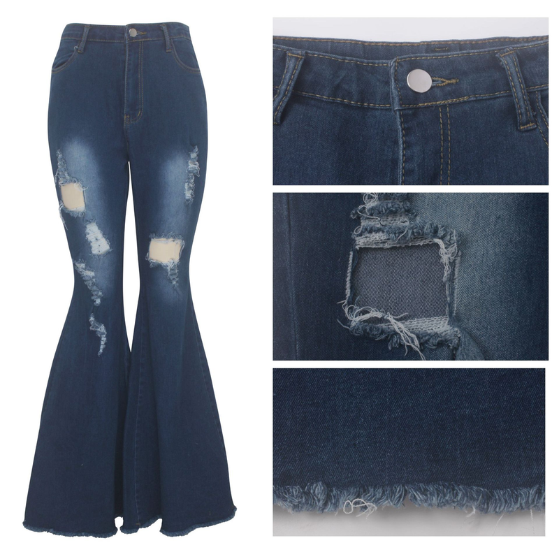 Modische Damenbekleidung mit weitem Bein, ausgewaschener, zerrissener Denim-Stretch-Schlaghose_voghion.com