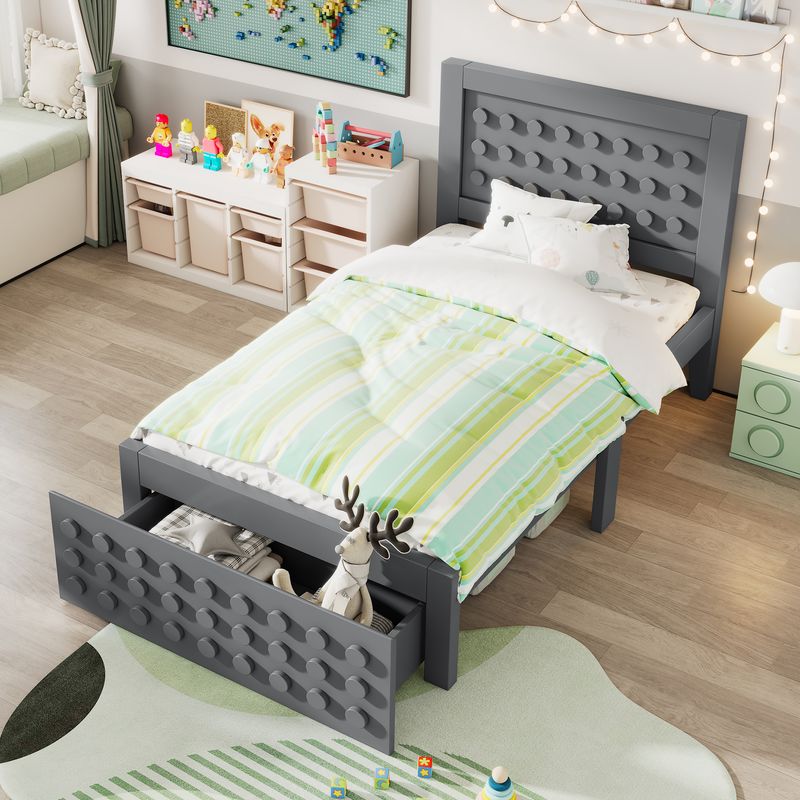 Holzbett 90x200cm mit Blockdesign, Massivholz, Schubladen, Grau_voghion.com