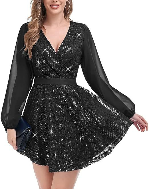 Women's sequined loose dress party long-sleeved casual loose mini short dress_voghion.com