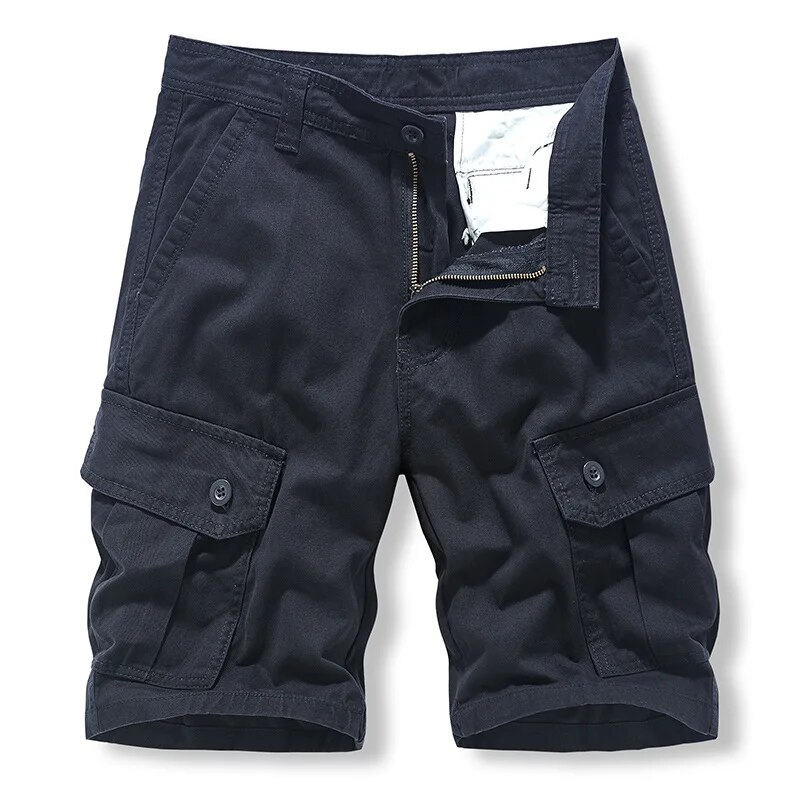Effen kleur zomer casual cargo korte heren puur katoen ademend knielengte korte broek veel zakken rechte herenshorts_voghion.com