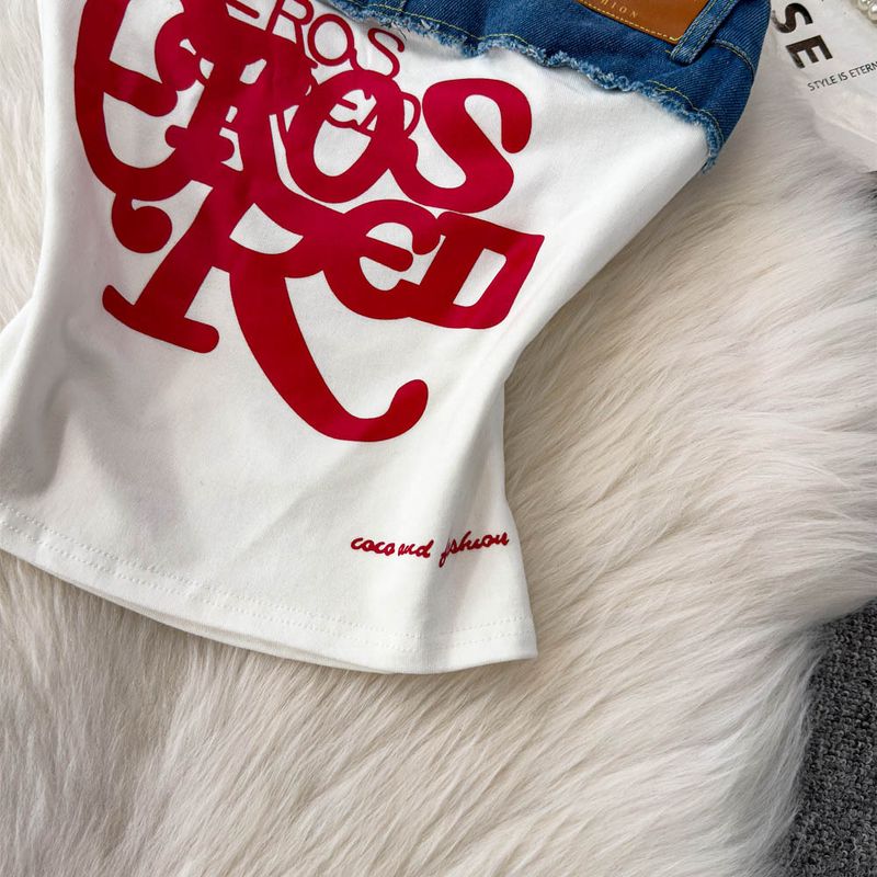 Women's Clothing Retro Hottie Letter Embroidered Tube Top Summer Fashion Denim Stitching Slim Fit Camisole Vest_voghion.com